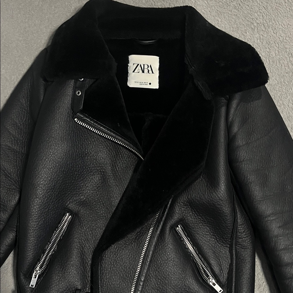Zara Black Shearling Biker Jacket